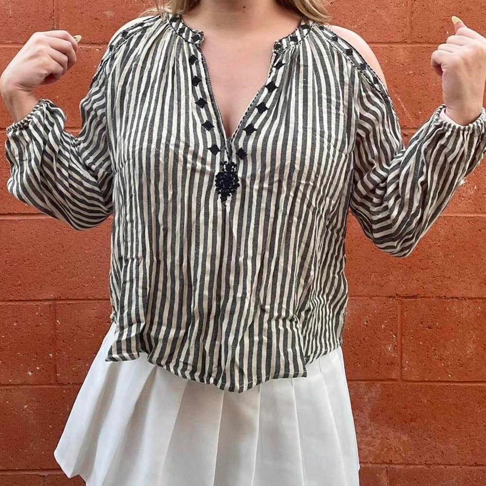 Black, White Striped Open Shoulder, Long Sleeved V-Neck Blouse